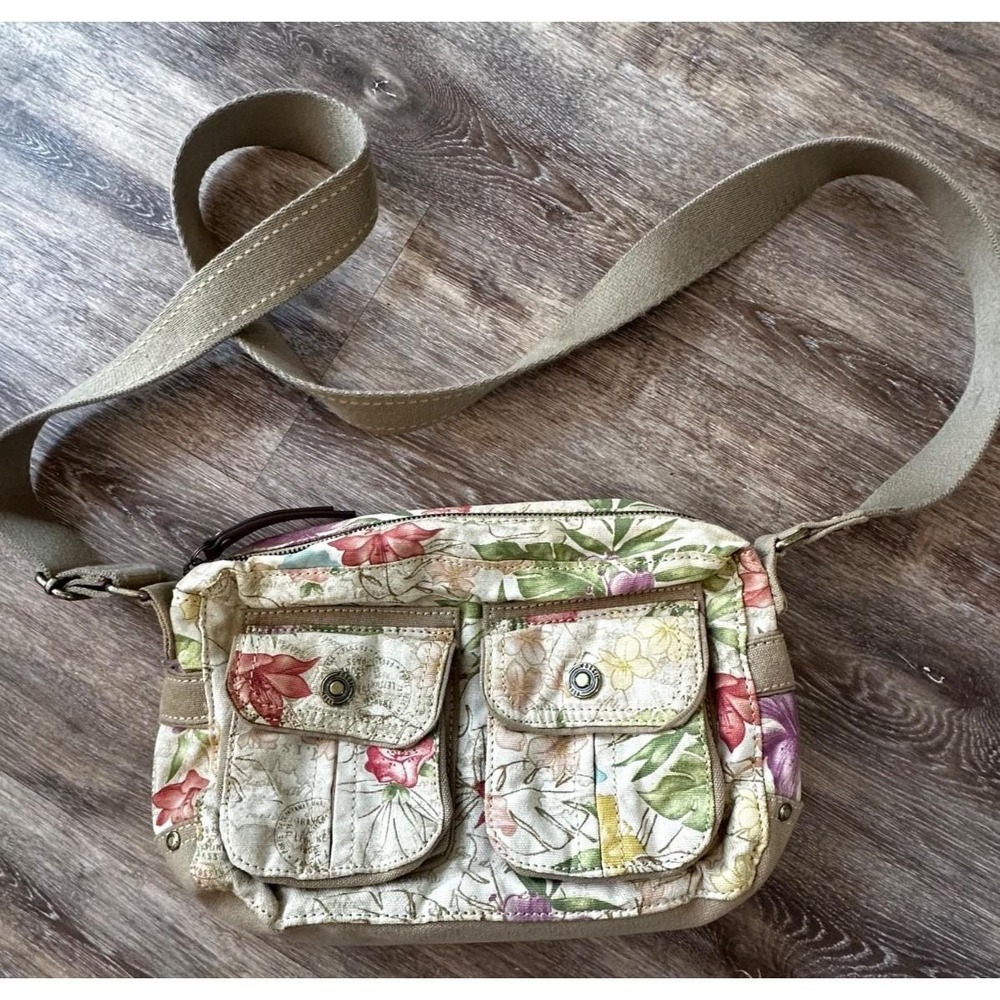 VTG Fossil Floral Crossbody Purse Canvas  Botanical Boho Multipocket